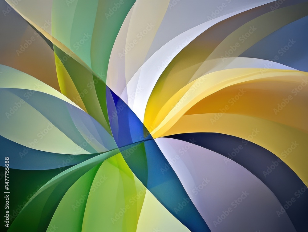 Poster abstract art design of colorful flowing shapes in studio shot with dynamic composition and vibrant c