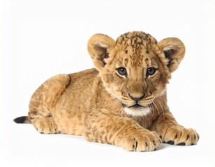 cute lion cub lying on white background