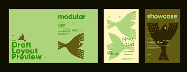 Bird-themed editorial posters in soft green palettes using geometric symmetry, bold layout blocks, and minimal text for modular visual concepts.