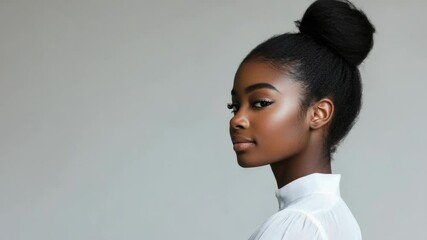 A woman wearing a white shirt and black tie, possibly for formal event or occasion