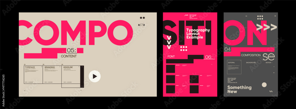 Poster experimental typographic design featuring split words, asymmetric layout, vibrant palette, and modul