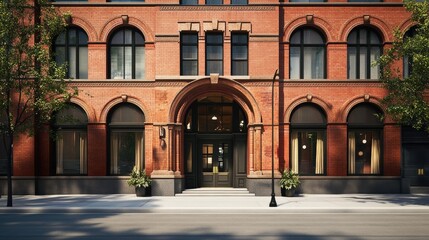 Obraz premium Elegant Brick Building Entrance with Archway and Large Windows