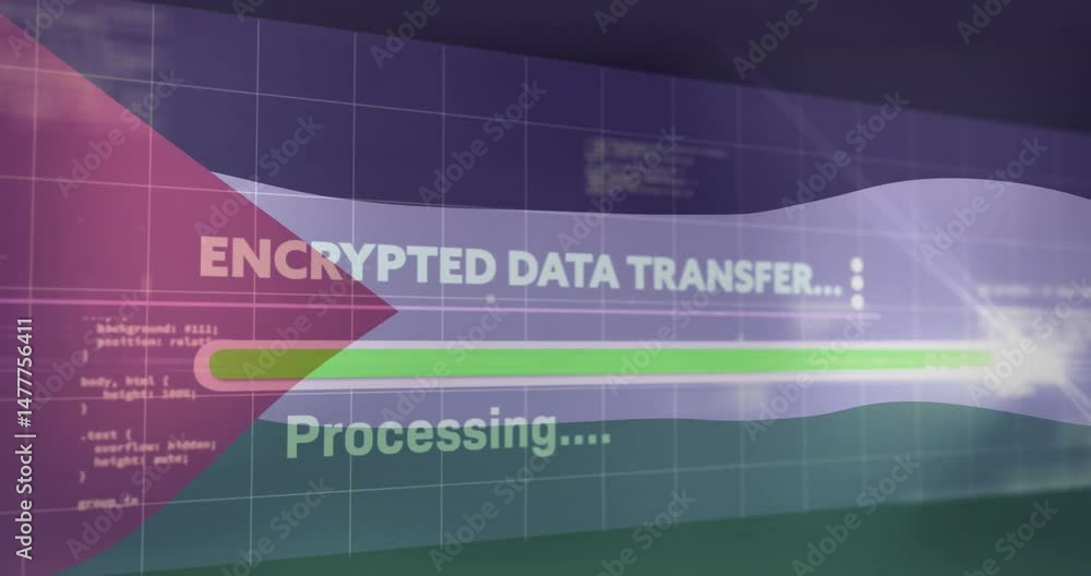 Poster Sci-fi UI showing encrypted data transfer progress bar moving across neon grid and waveforms