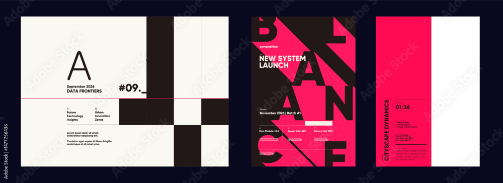 Poster dynamic black and red typographic layout with fragmented letters and blocks, using layering and cont