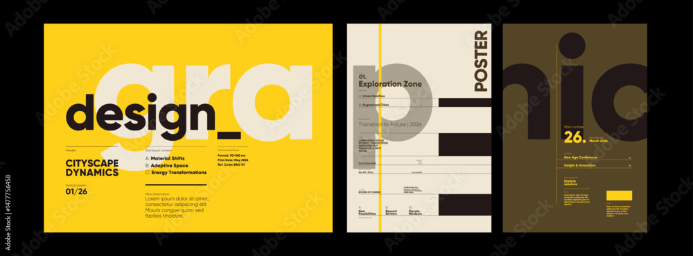 Poster minimalist typographic graphic with bold contrasts and layered text blocks. editorial-inspired compo