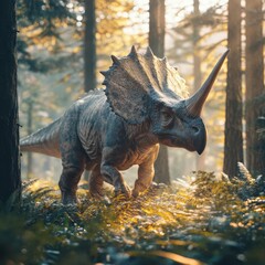 Fototapeta premium Majestic triceratops in a sunlit forest, surrounded by ferns and towering trees.