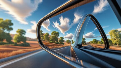 Fototapeta premium A scenic countryside view reflected in a car's side mirror on a sunny day. The vibrant colors and fluffy clouds create a picturesque travel image.