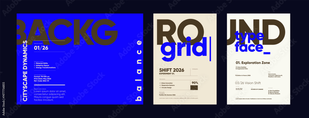Poster typographic layout combining oversized text with modular alignment and microtext elements. futuristi