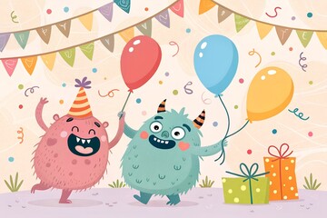Obraz premium Adorable monster friends celebrating a joyous birthday party with balloons confetti and colorful gift boxes under festive bunting banners