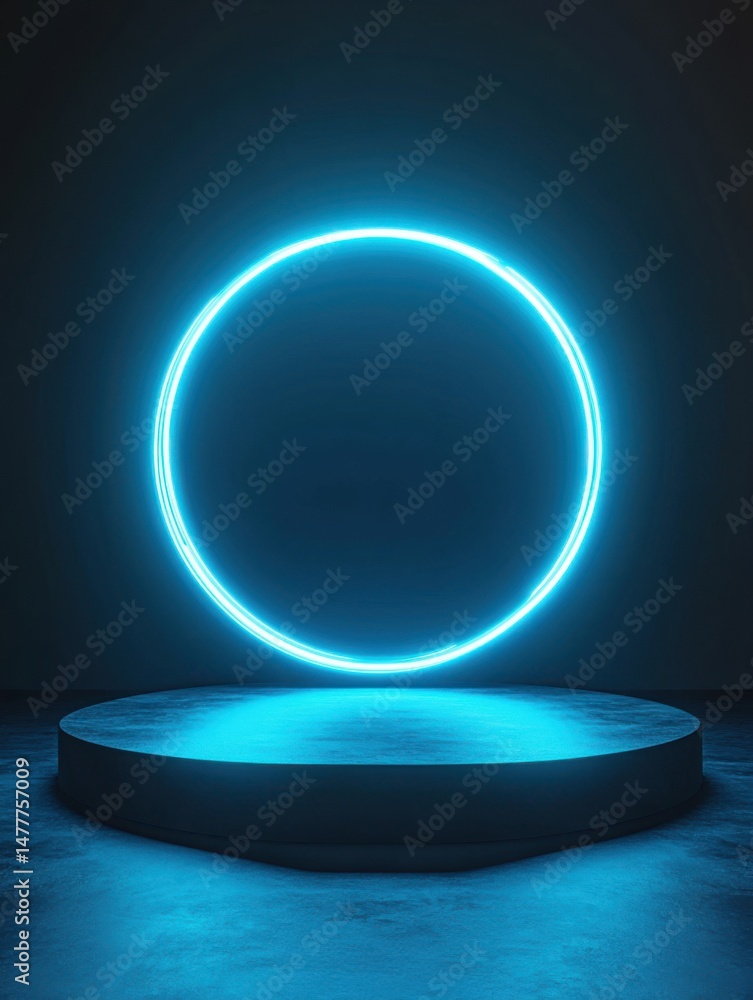 Poster minimalist product display with neon circle backdrop on platform in studio setting for advertising a