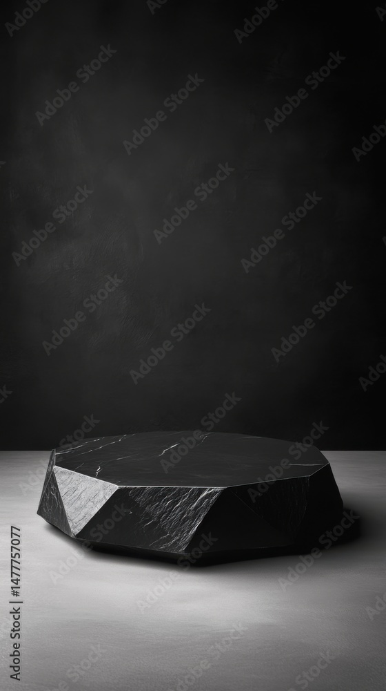 Poster minimalist stone display platform on concrete surface with dark backdrop studio shot for product sho