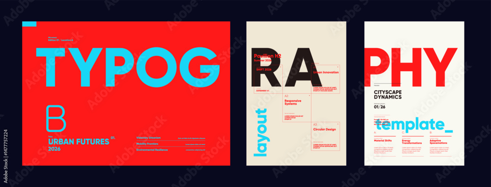 Poster typographic exploration of modular letters and layered block forms. strong layout focus with vertica
