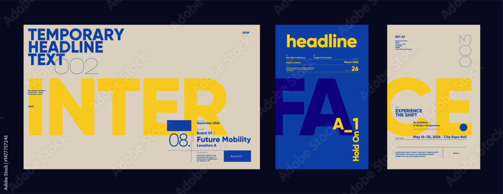 Poster high-impact visual compositions with geometric letters and structured zones. alternating light and b