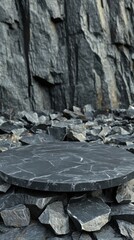 Stone Podium Display on Rocks in Quarry Setting Close Up Product Presentation Natural Backdrop Dark Gray Tones