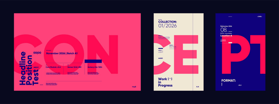 Bold typographic posters using playful positioning, color blocking, and cropped lettering. Creative experimental layouts with high contrast.