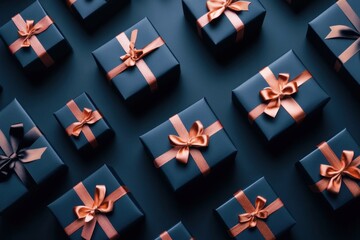 Obraz premium Elegant Gift Boxes Arranged on Dark Blue Background Overhead Angle Holiday Celebration Presents