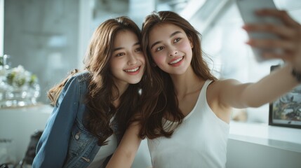two cheerful young Asian women taking a selfie together, smiling brightly and looking at the camera. The girl on the right has a soft natural look, with a face similar to the reference photo,.