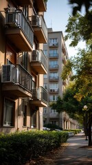 Fototapeta premium Peaceful residential apartment buildings with balconies in urban neighborhood