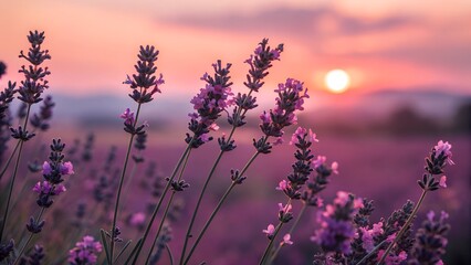 Obraz premium Beautiful field of blooming lavender flowers at sunset with a vibrant orange and purple sky a symbol of tranquility