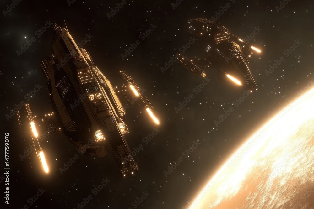 Poster futuristic spaceships orbiting a distant planet in deep space sci-fi scene digital art