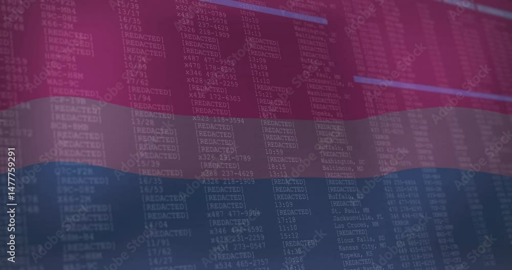 Poster computer interface showing alphanumeric columns with red pink navy stripes curving across screen