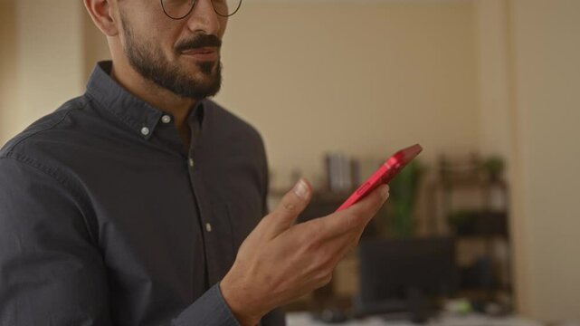 Young man talking on smartphone in modern office wearing glasses and casual shirt showcasing professional atmosphere and confident demeanor in workplace interior setting.