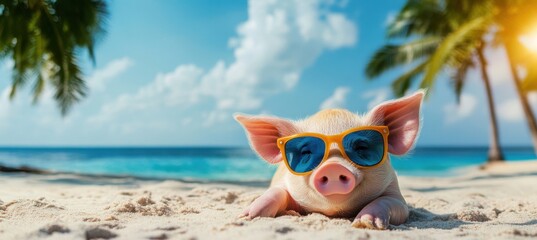 A cute piglet wearing sunglasses relaxes on a sunny tropical beach.
