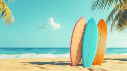 colorful surfboards standing in tropical beach sand with ocean in the background. generative AI