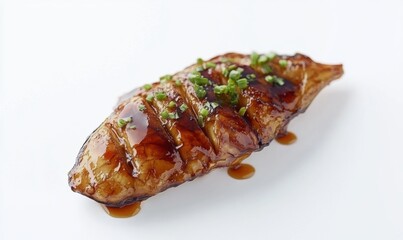 Glazed eel sushi piece, Japanese cuisine, white background, food photography, restaurant menu