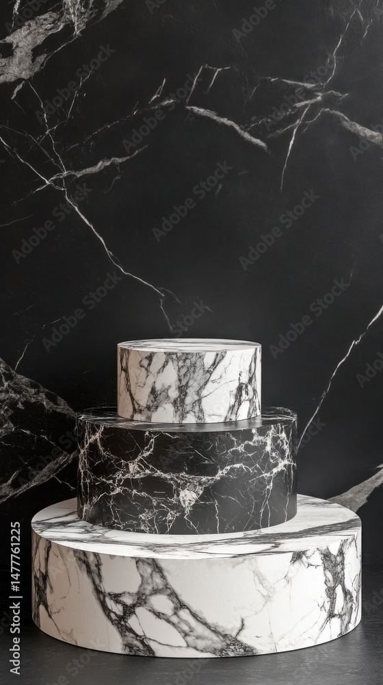 Aufkleber marble display stand showcase in studio setting elegant product presentation backdrop close up shot 