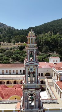 Monastery of Panormitis in Symi island of Greece. The monastery is a public Orthodox Church of the Archangel Michael who is locally called Panormitis. Symi island is located in Greece. 2