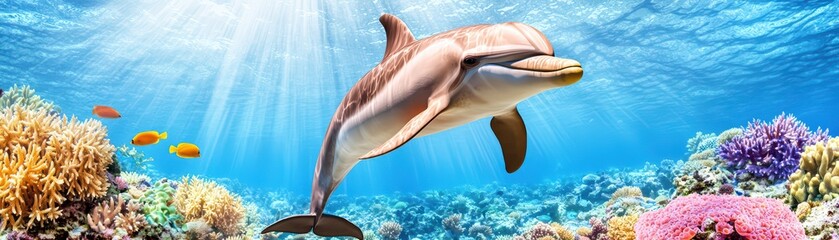 Obraz premium Graceful Dolphin Swimming in Vibrant Coral Reef Under Crystal Clear Ocean Waters with Sunlight Rays