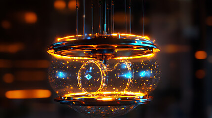 Advanced micro-reactor model suspended in stasis with illuminated rings and flowing energy particles 