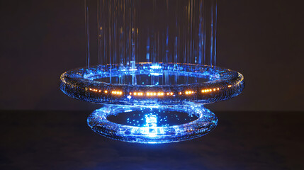 Advanced micro-reactor model suspended in stasis with illuminated rings and flowing energy particles 