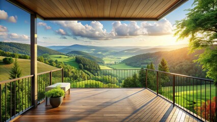 Serene Mountain View from a Modern Deck with Lush Greenery and a Warm Sunset