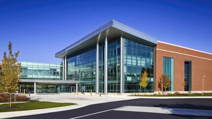 Modern Glass and Brick Office Building Exterior on a Sunny Day