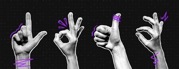 Halftone hands collection. Halftone hands show different gestures, okay, thumb up. Stylish halftone collage design elements. Hand gestures in pop art style. Vector
