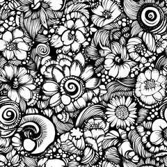 Intricate Floral pattern: A mesmerizing seamless pattern, featuring an abundance of hand-drawn, monochrome floral designs, a symphony of elegance in nature's embrace. 