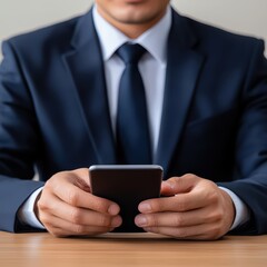 Businessman Holding Smartphone in Formal Suit with Focused Expression in Office Environment