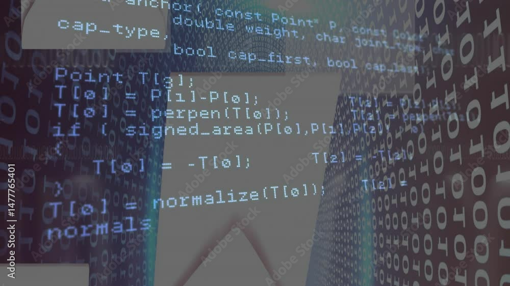 Poster Light blue code panel being displayed amid cascading binary streams inside code tunnel in 3D render