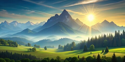 Obraz premium Serene Sunrise Over Misty Mountain Valley with Verdant Meadows and Lush Forests