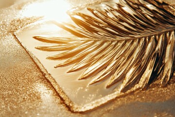 Close up of a golden palm leaf on a square surface with golden glitter dust