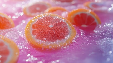Vibrant grapefruit slices adorned with crystalline sugar sparkle on pink surface
