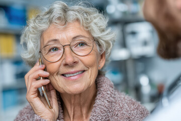 Patient-doctor interaction with older woman holding phone, getting digital health guidance, clinic room background and copy space for message