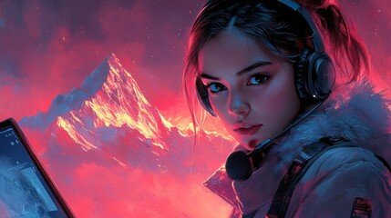 Professional on video call at mountaintop cabin, sunset and peaks blend tech with nature.