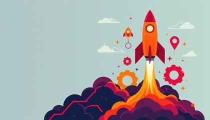 a bold icon, a symphony of startup and innovation, features a rocket launch, symbolizing ambition and growth, set against a backdrop of gears, representing the intricate workings of progress.