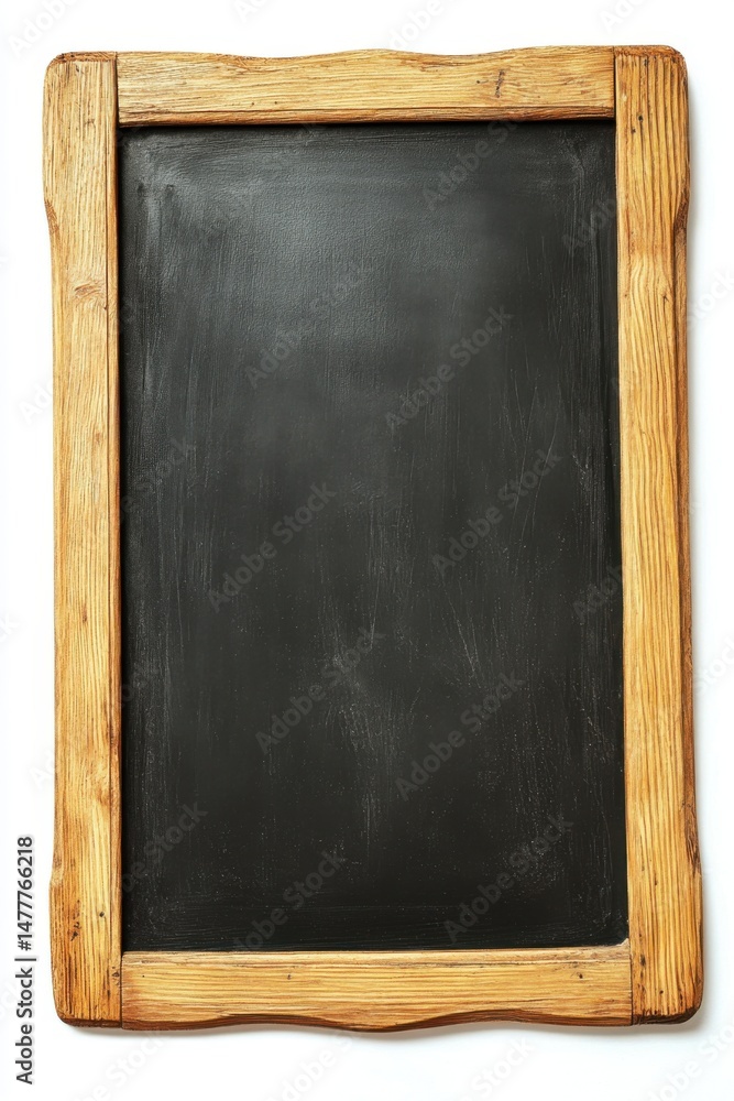 Poster rustic chalkboard with wooden frame on white background top down view for menu or message board sign