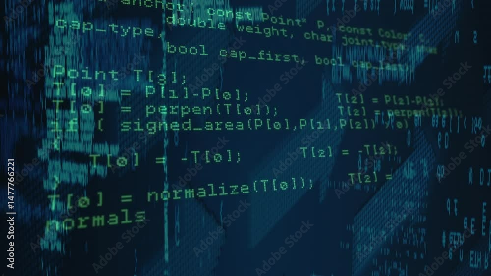 Poster bright green programming code animating on digital screen, showing world map overlay, data streams