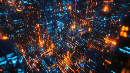 Obraz premium Abstract Futuristic Cityscape with Glowing Orange and Blue Lines