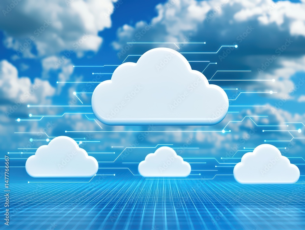 Poster digital cloud computing concept with abstract technology background and blue sky imagery